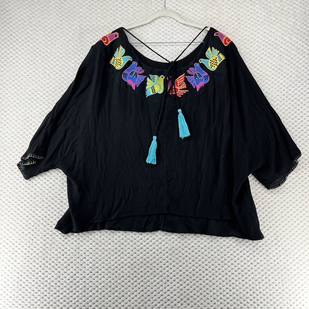 Judith March Embroidered‎ Bird Tassel Tie Top Blouse Bohemian Small